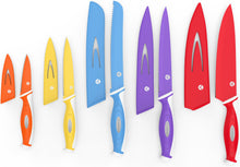 Load image into Gallery viewer, Vremi 10 Piece Colorful Knife Set - 5 Kitchen Knives with 5 Knife Sheath Covers - Chef Knife Sets with Carving Serrated Utility Chef's and Paring Knives - Magnetic Knife Set with Matching Color Case