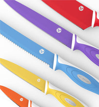 Load image into Gallery viewer, Vremi 10 Piece Colorful Knife Set - 5 Kitchen Knives with 5 Knife Sheath Covers - Chef Knife Sets with Carving Serrated Utility Chef's and Paring Knives - Magnetic Knife Set with Matching Color Case