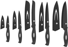 Load image into Gallery viewer, Vremi 10 Piece Black Knife Set - 5 Kitchen Knives with 5 Knife Sheath Covers - Chef Knife Sets with Carving Serrated Utility Chef's and Paring Knives - Magnetic Knife Set with Matching Black Case