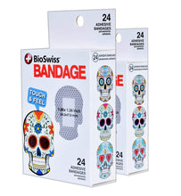 Load image into Gallery viewer, BioSwiss Novelty Bandages Self-Adhesive Funny First Aid, Novelty Gag Gift (2 Boxes of 24 Bandages) (Sugar Skull)