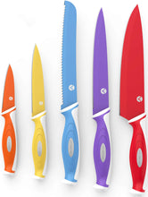 Load image into Gallery viewer, Vremi 10 Piece Colorful Knife Set - 5 Kitchen Knives with 5 Knife Sheath Covers - Chef Knife Sets with Carving Serrated Utility Chef's and Paring Knives - Magnetic Knife Set with Matching Color Case