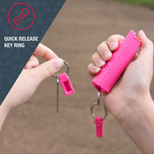Load image into Gallery viewer, SABRE RED Pink Pepper Spray Keychain for Women with Quick Release for Easy Access – Maximum Police Strength, Finger Grip for Aim &amp; Accuracy, 10-Foot (3M) Range, 25 Bursts – Helps Fight Breast Cancer