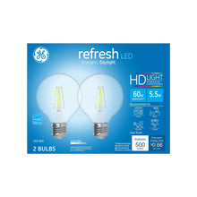 Load image into Gallery viewer, GE Refresh HD Globe Dimmable LED Light Bulbs, G25 Globe Light Bulb (60 Watt Replacement LED Light Bulbs), 500 Lumen, Medium Base Light Bulbs, Daylight, Clear Finish, 2-Pack LED Bulbs