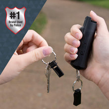 Load image into Gallery viewer, SABRE ADVANCED Pepper Spray Keychain with Quick Release – 3-in-1 Pepper Spray, CS Tear Gas &amp; UV Dye – Maximum Strength Police OC Spray, Finger Grip for Better Aim – Optional Practice Spray