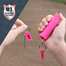 Load image into Gallery viewer, SABRE ADVANCED Pepper Spray Keychain with Quick Release – 3-in-1 Pepper Spray, CS Tear Gas &amp; UV Dye – Maximum Strength Police OC Spray, Finger Grip for Better Aim – Optional Practice Spray, Pink Pepper Spray