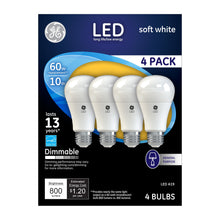 Load image into Gallery viewer, GE LED Light Bulb, A19, 60-Watt Replacement, Soft White, 4-Pack LED Light Bulbs, Medium Base, Dimmable